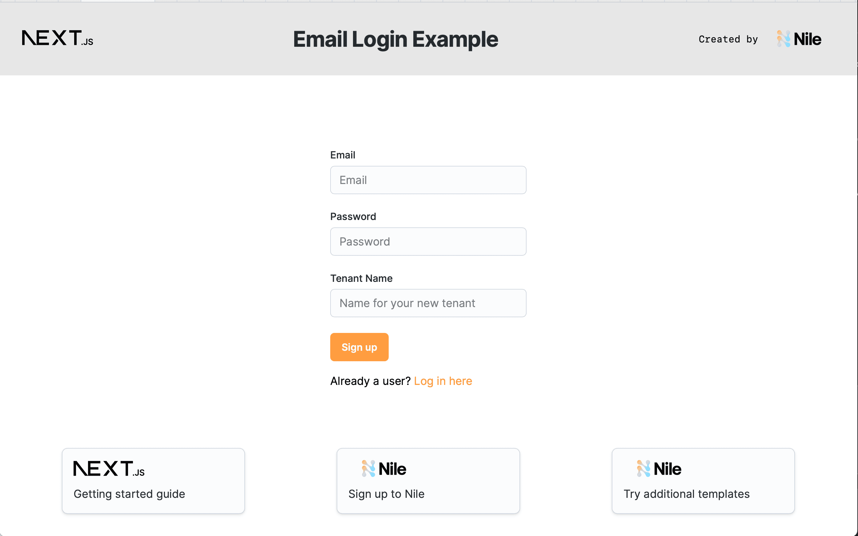 screen shot for Email Login Example for multi-tenant application template