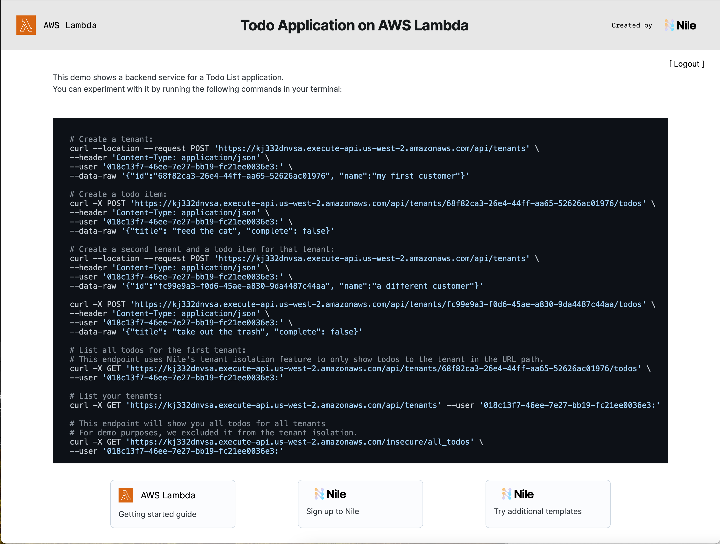 screen shot for Todo List application backend with Nile and AWS Lambda template