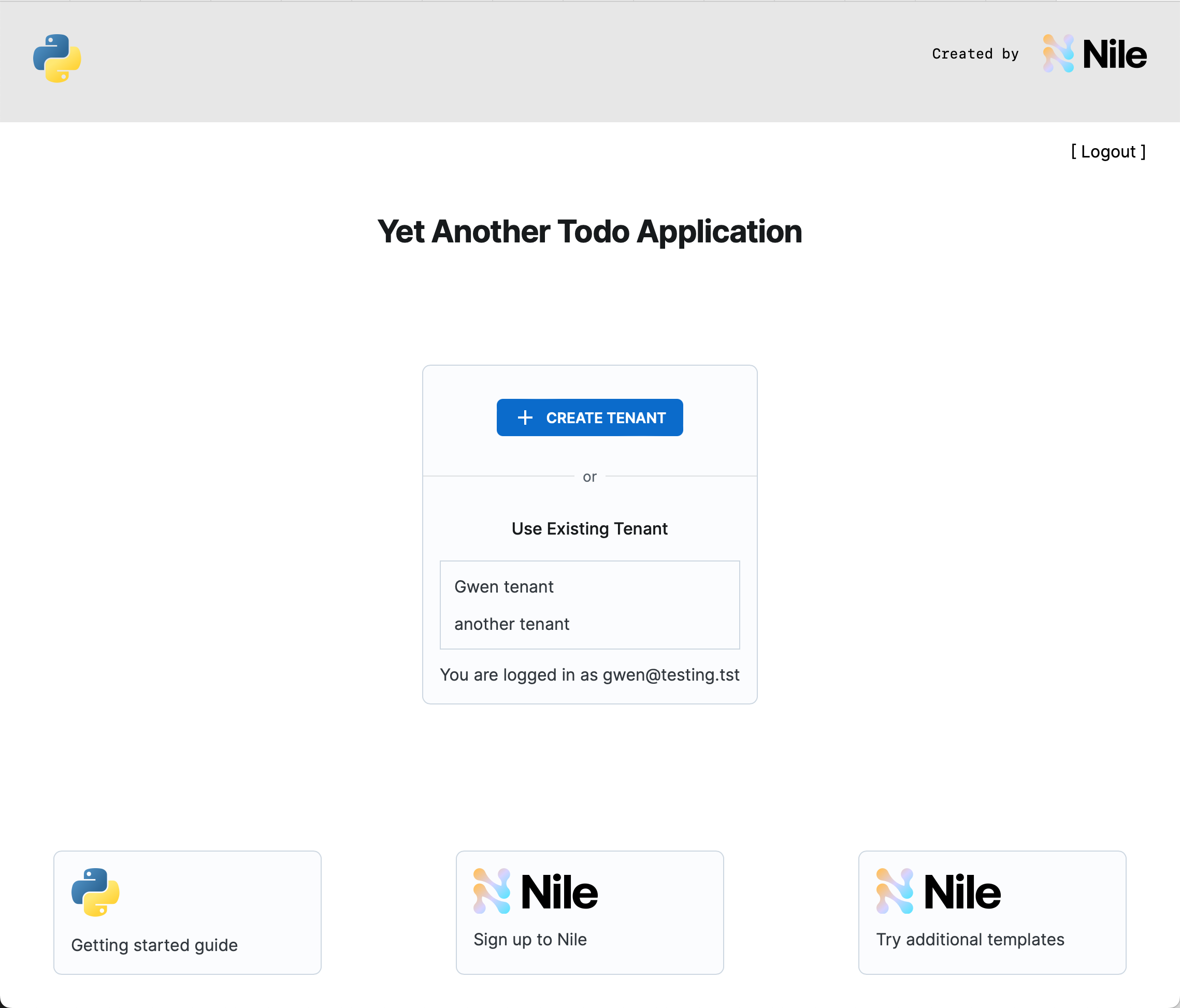 screen shot for Multi-tenant Todo List application with Python and Nile template