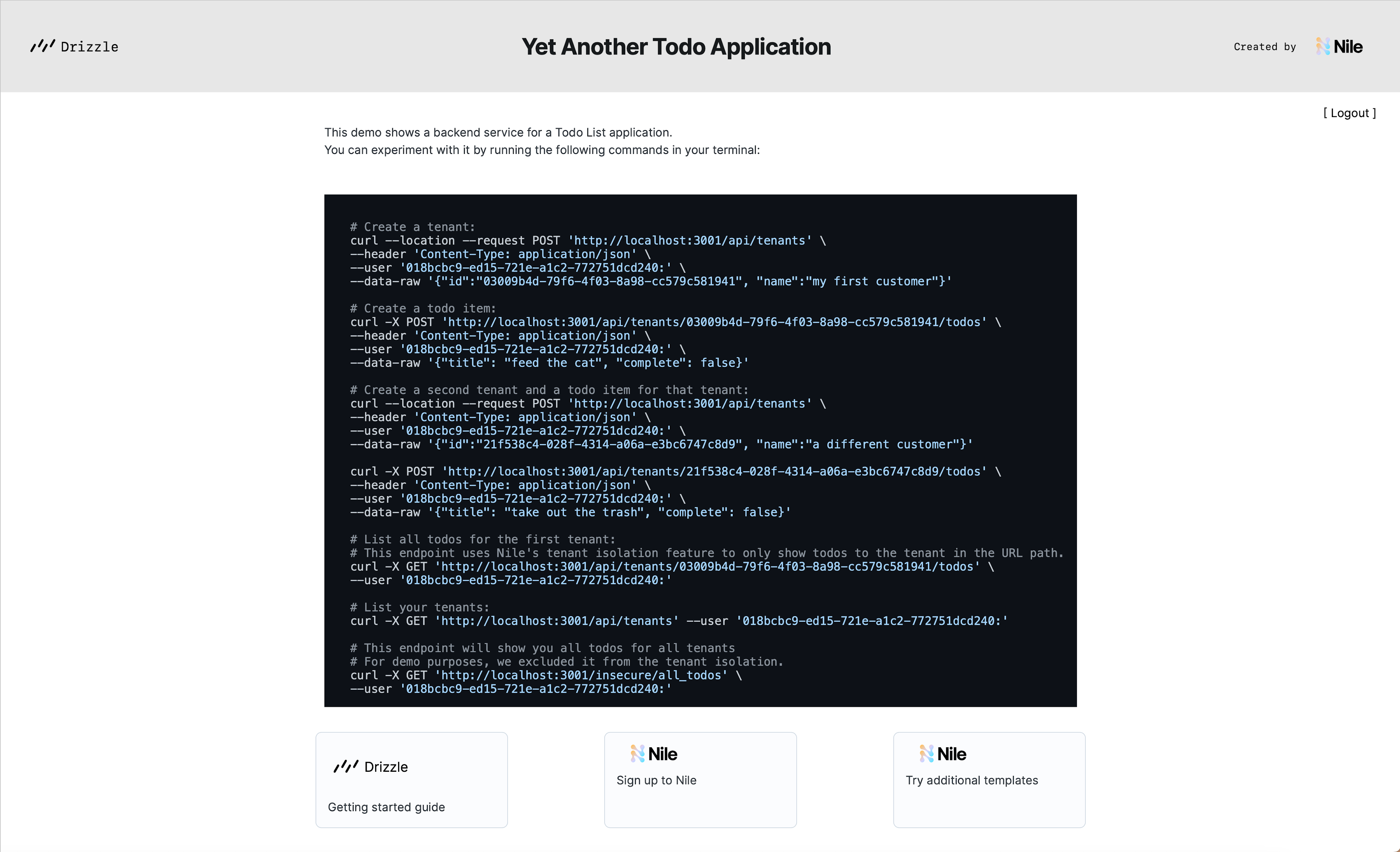 screen shot for Drizzle multi-tenant application with Nile template