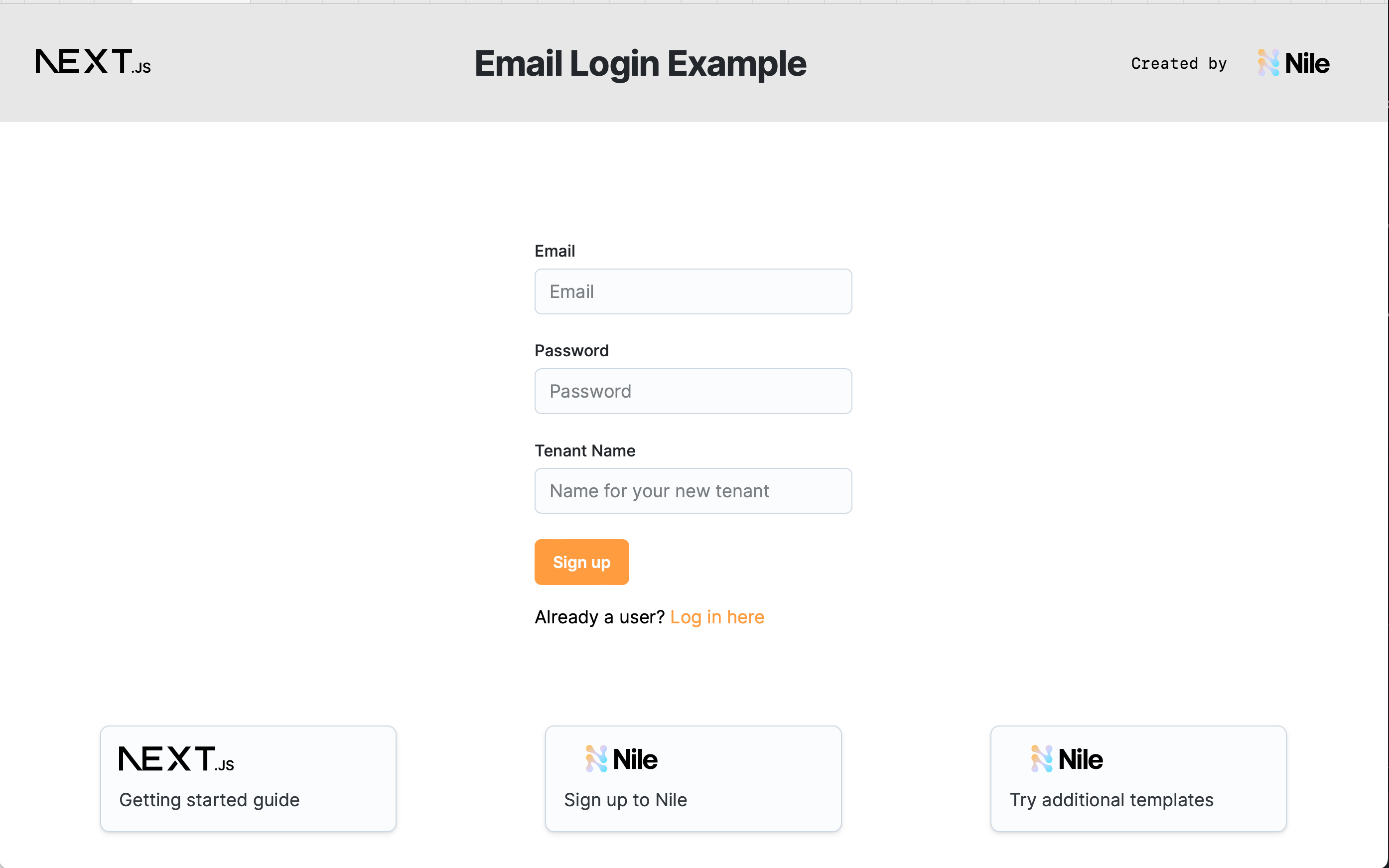 screen shot for Email Login Example for multi-tenant application template