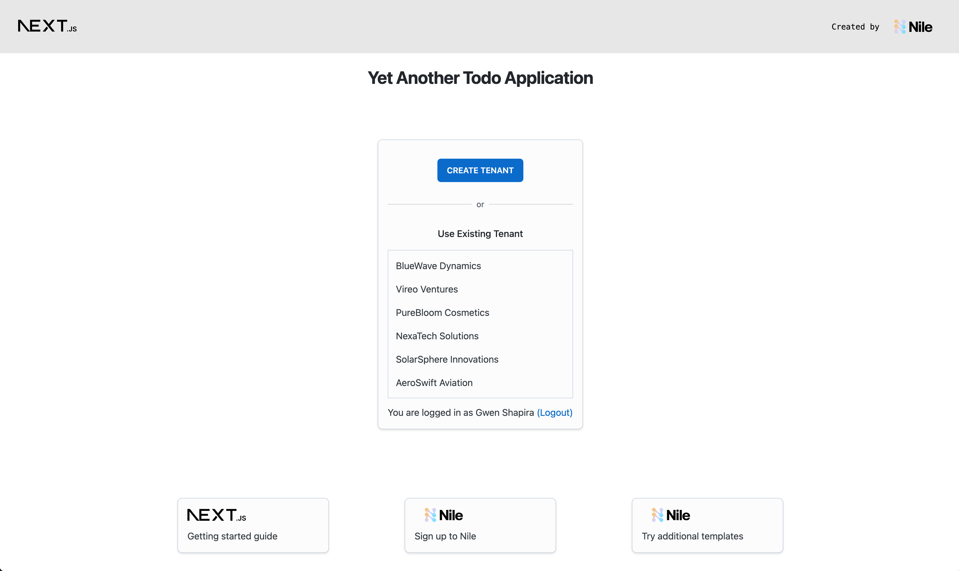 screen shot for NextJS multi-tenant application with Nile template