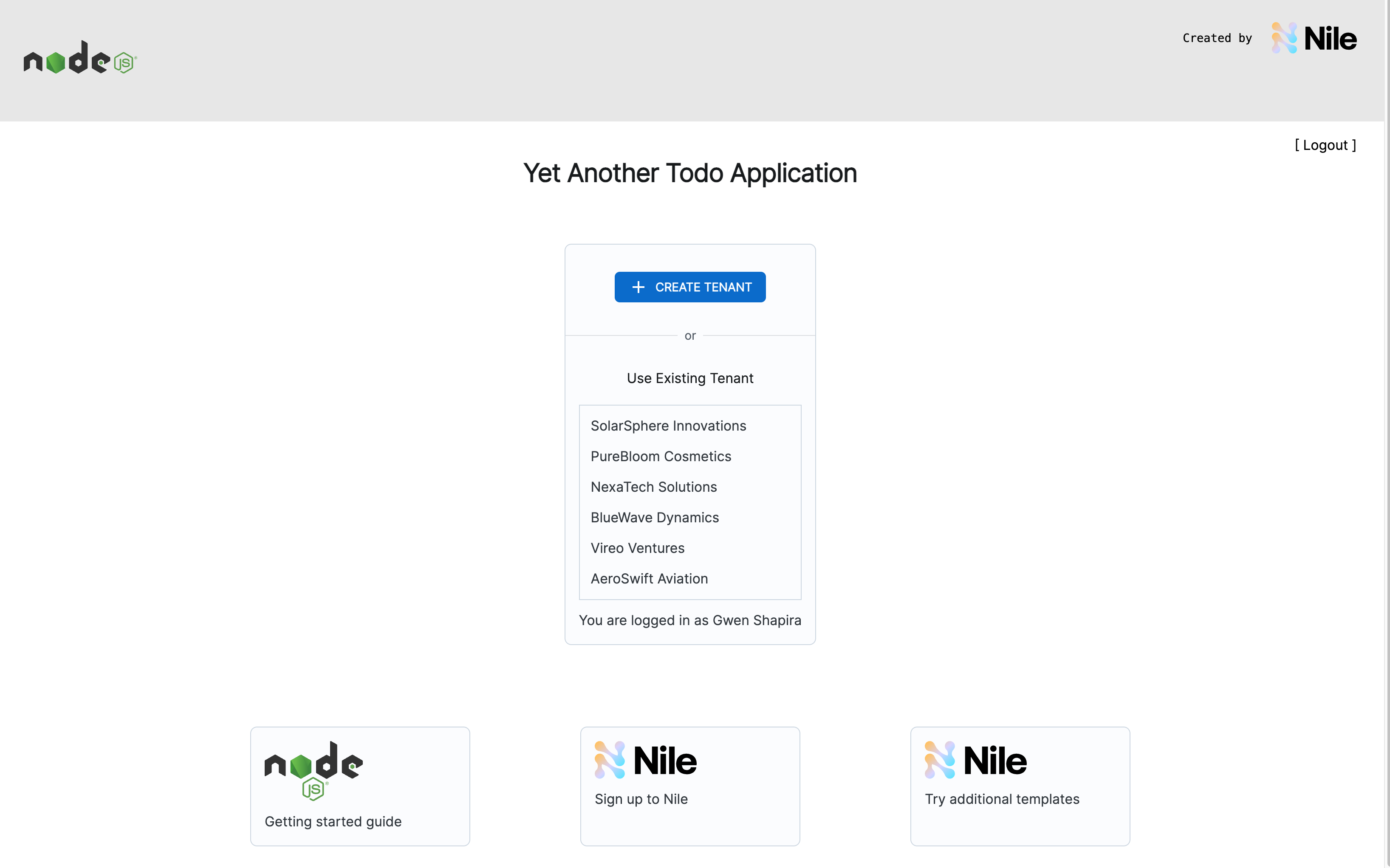 screen shot for NodeJS multi-tenant application with Nile template