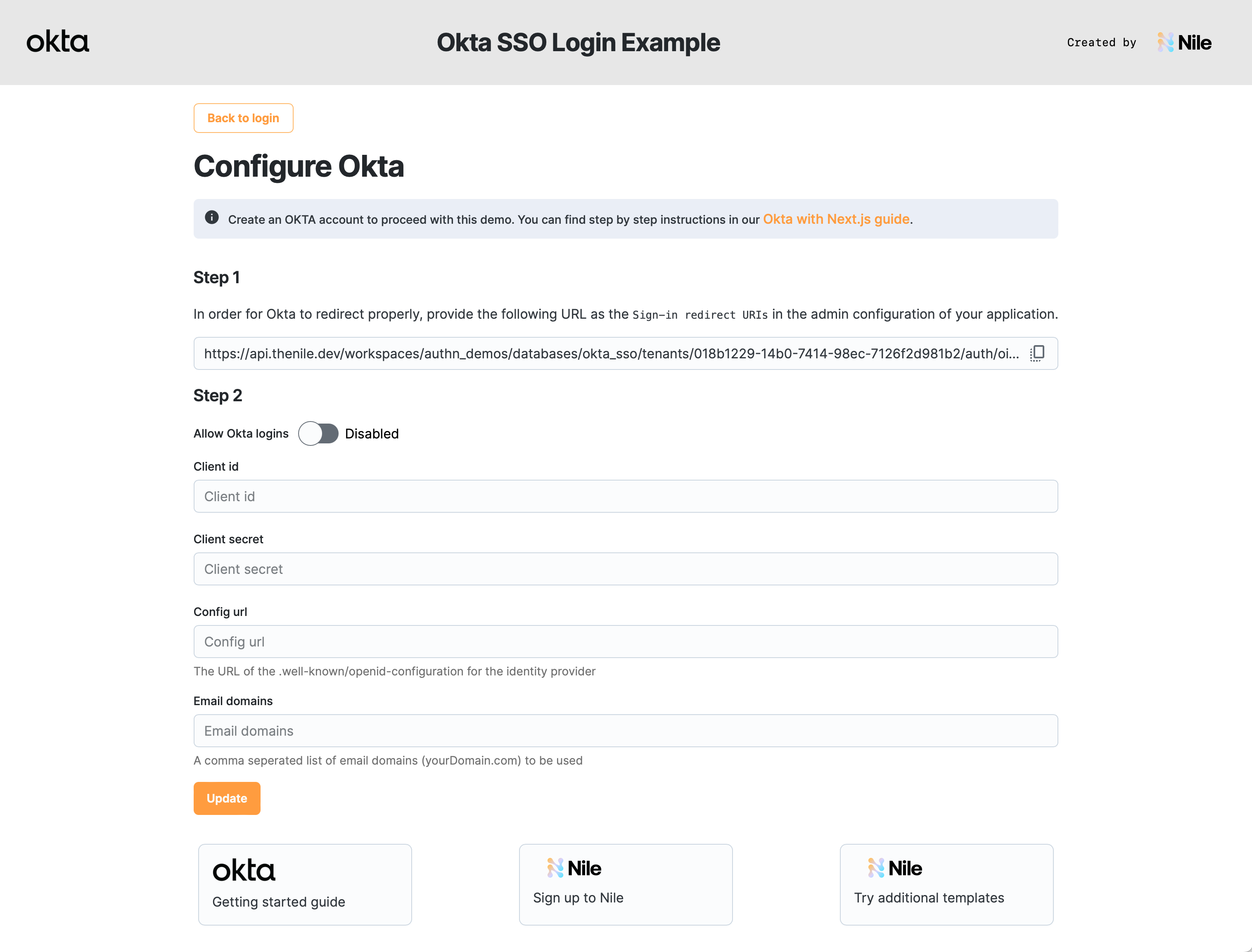 screen shot for SSO Login for multi-tenant application with Okta template