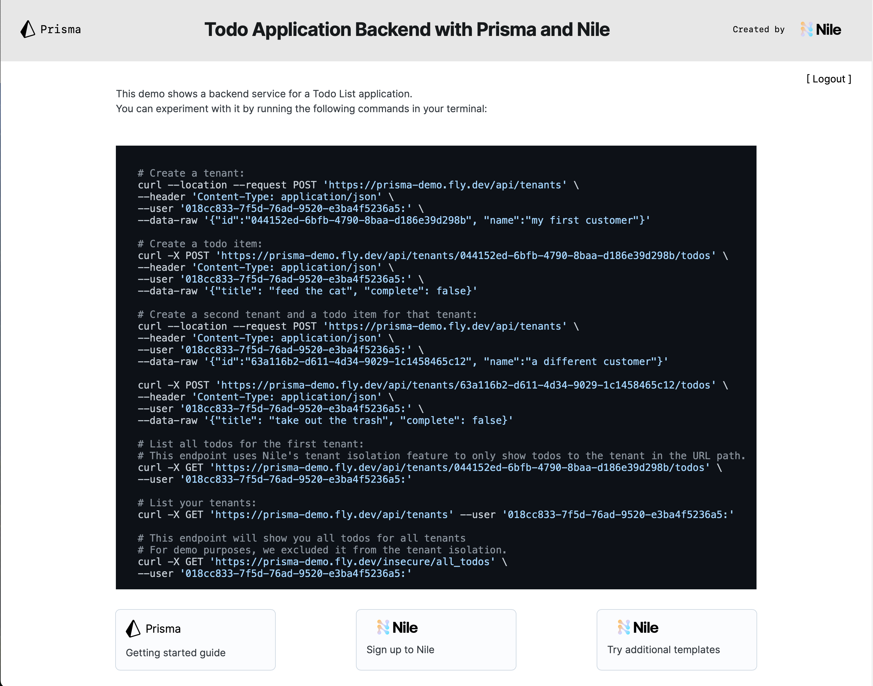 screen shot for Todo List application backend with Nile and Prisma ORM template