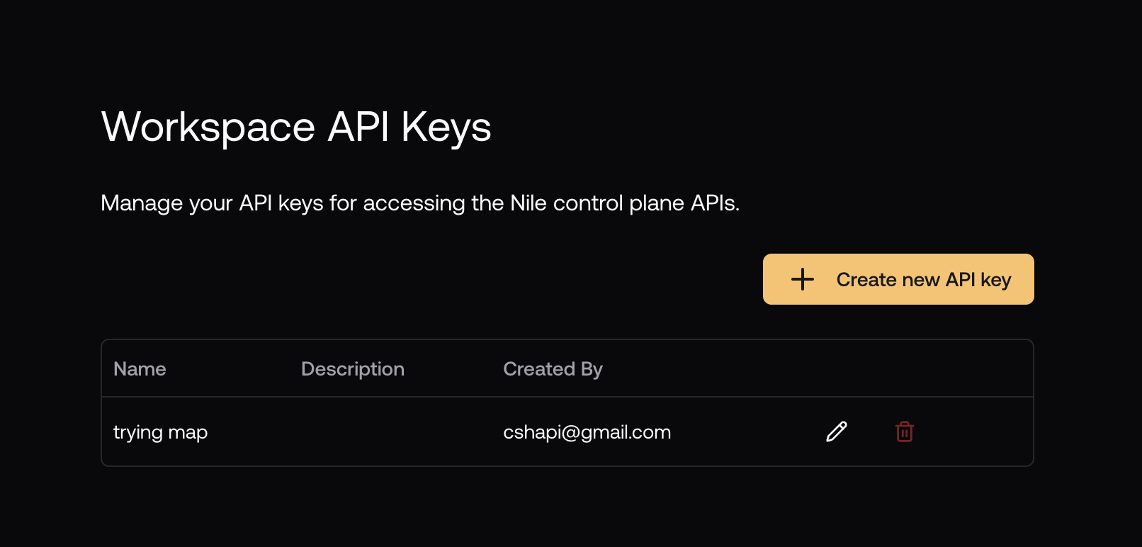 API keys page